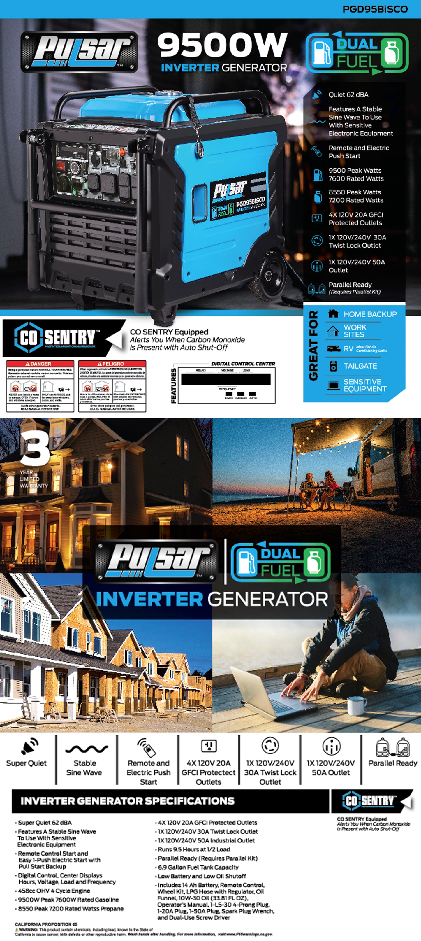Generador "Inverter" de Doble Combustible Pulsar de 9,500 Vatios Súper Silencioso con Alerta de CO y Arranque Remoto